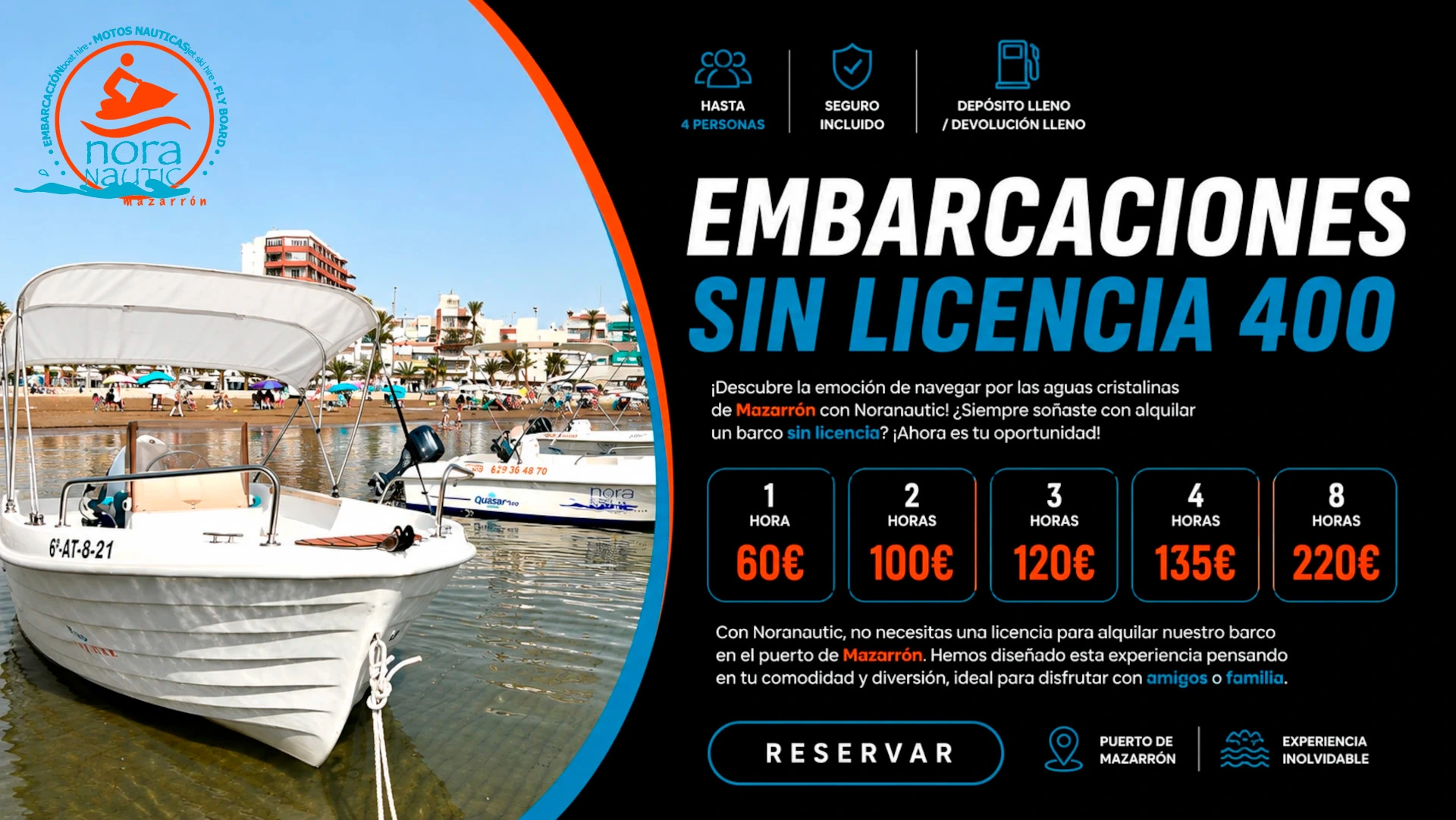 
            Barco sin Licencia de 4 metros y 15cv Máximo
    